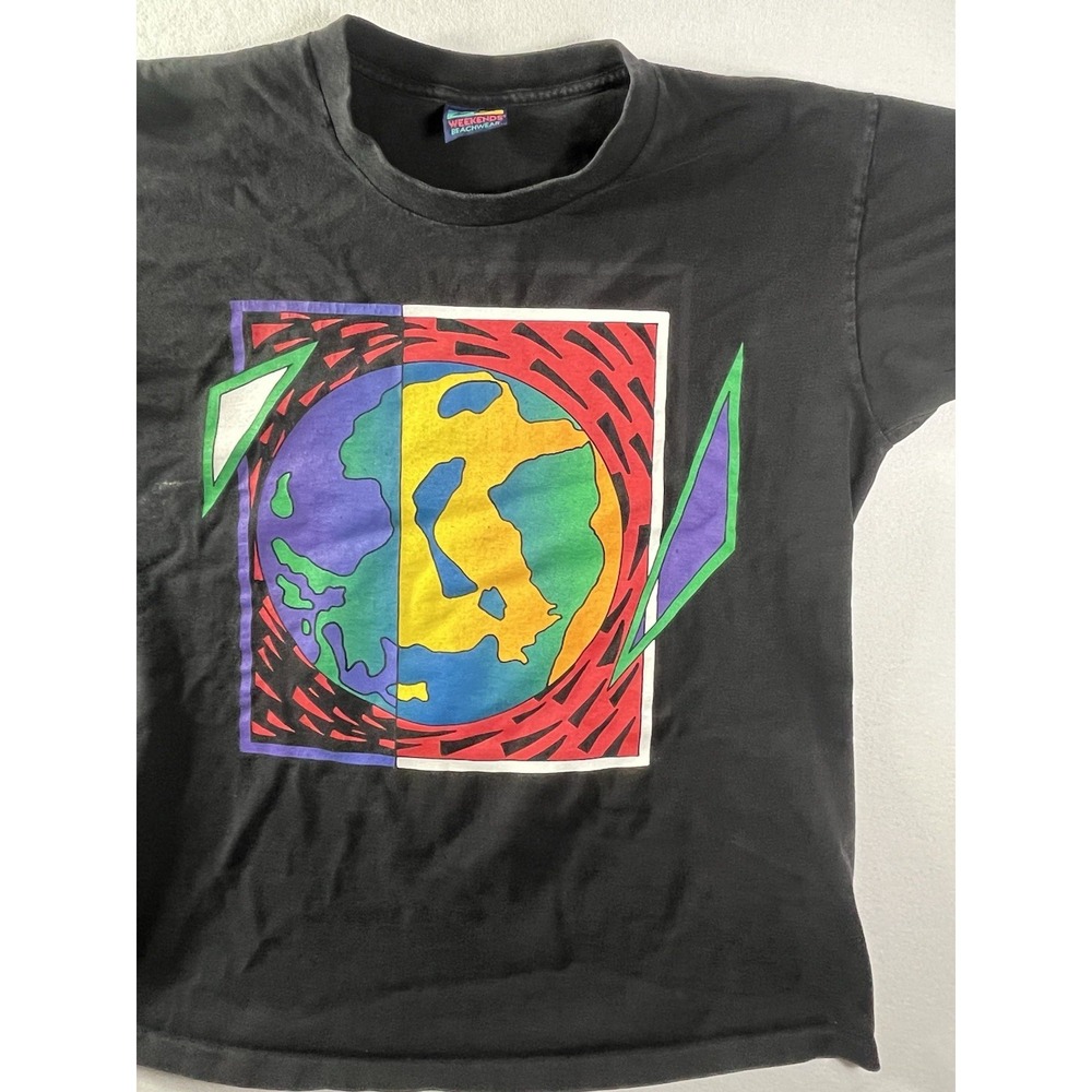 VTG Weekends Beachwear 80's 90's Retro Earth  Shirt Black Vintage Fade FLAW - Picture 4 of 9